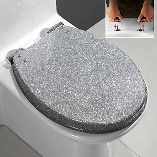 Toilet Seat Black Toilet Seat Cover, Sparkly Toilet Seat Glitter Toilet Seat Slow Close Toilet Seat Round, Top/Bottom-Fixed, Quick Release Easy Installation and Cleaning,Gold，Silver