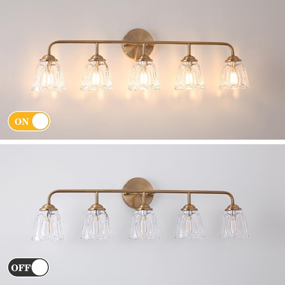 Daunton 5-Light Vintage Vanity Light, Brushed Brass Vanity Lighting, Elegant Bathroom Lighting Fixtures Over Mirror, Bathroom Vanity Light with Clear Glass Shade, Gold Wall Sconce for Bedroom
