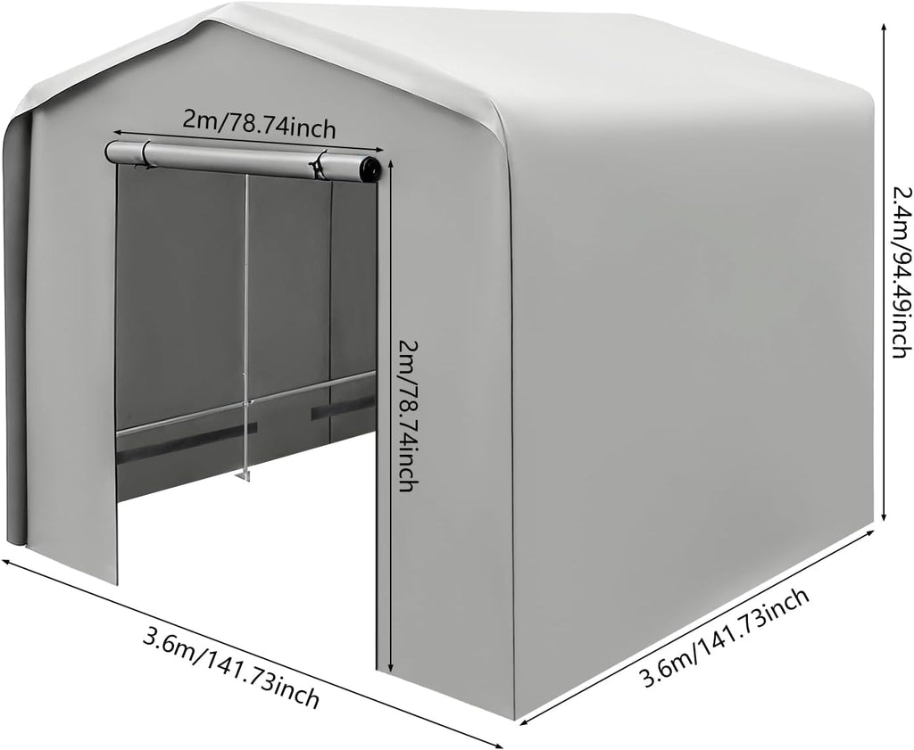 Outdoor Storage Shed, 12 X 12 X 8FT All Season Canopy Shelter with Steel Frame & Waterproof Cover for Storing Garden Tools, Lawn Mower, Tractors, Snowmobile (Grey)