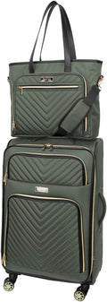 Kenneth Cole REACTION Chelsea 2-Piece Bundle - 20' Chevron Expandable 8-Wheel Carry-On Suitcase & Matching 15' Laptop Tote Bag, Olive