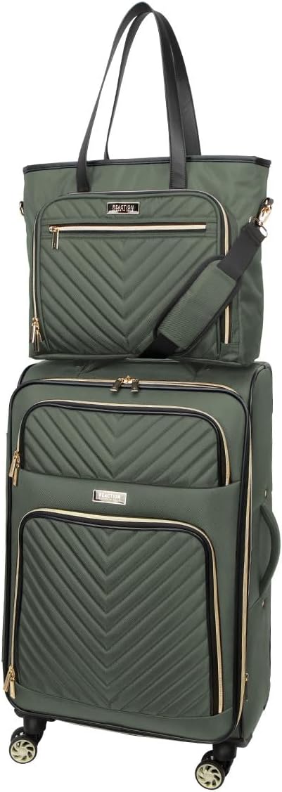 Kenneth Cole REACTION Chelsea 2-Piece Bundle - 20' Chevron Expandable 8-Wheel Carry-On Suitcase & Matching 15' Laptop Tote Bag, Olive
