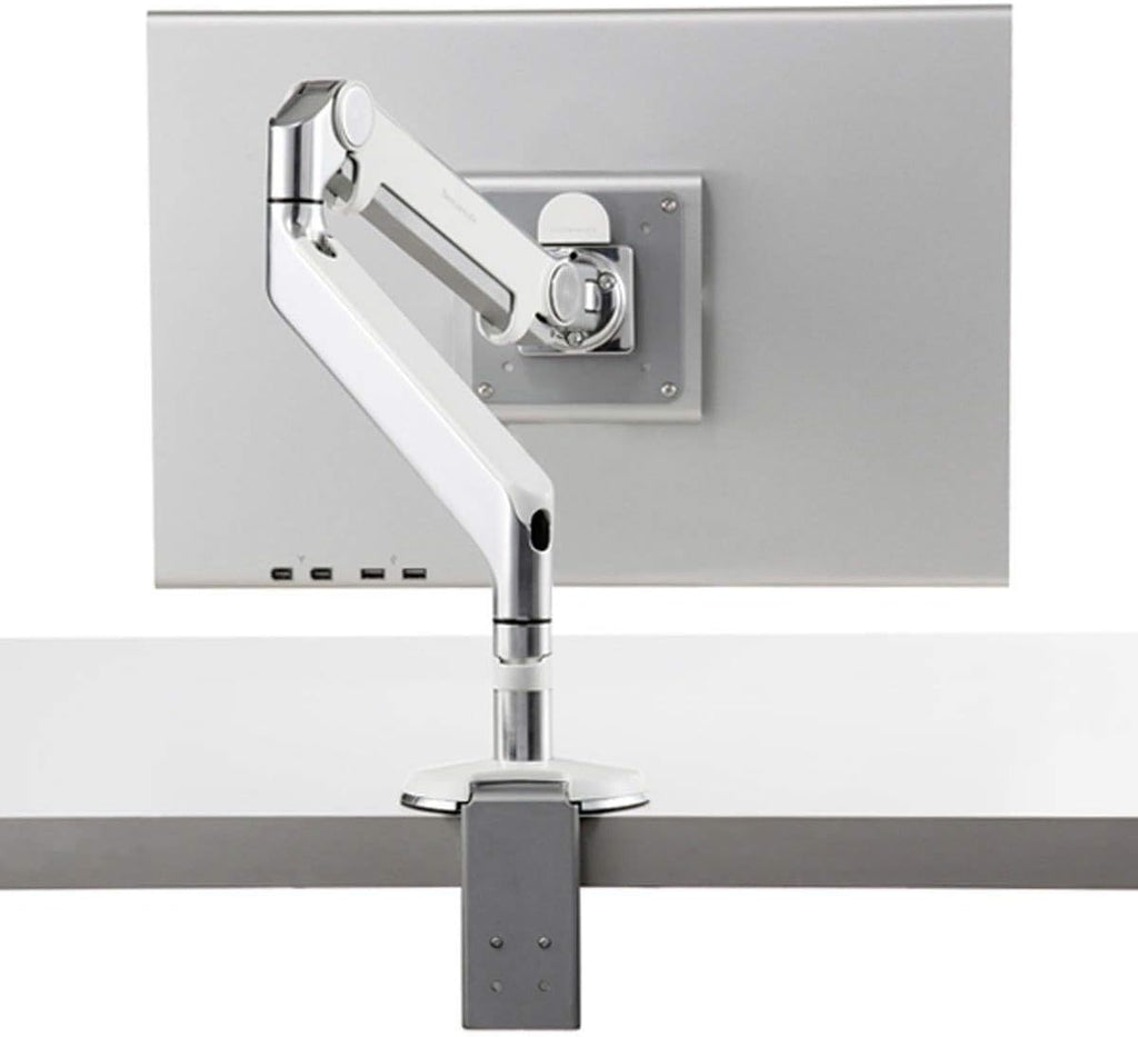 Humanscale M2 M2CW1S Adjustable Articulating Computer Monitor Arm - Two Piece Clamp On Mount with Base - Polished Aluminum with White Trim