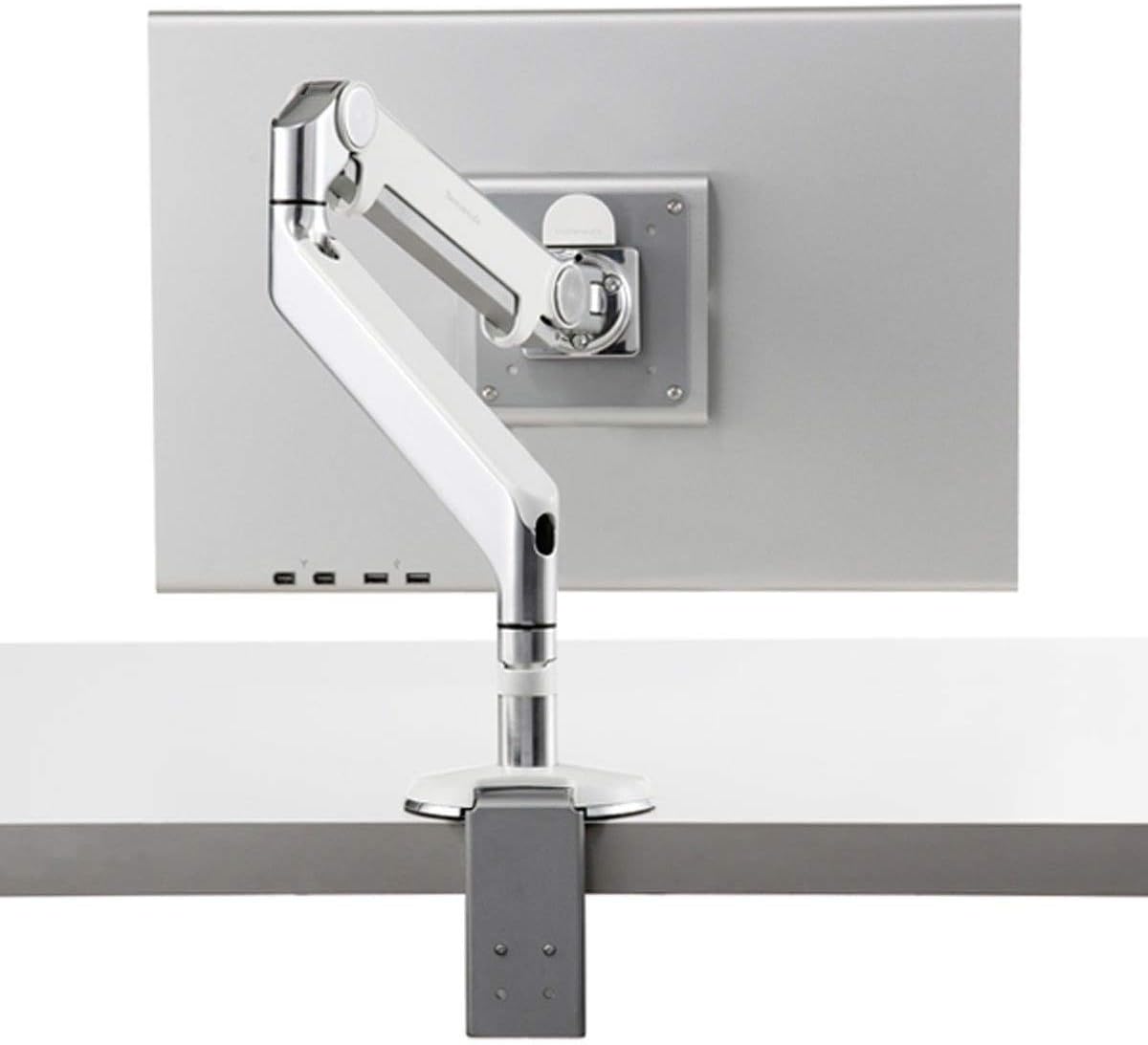 Humanscale M2 M2CW1S Adjustable Articulating Computer Monitor Arm - Two Piece Clamp On Mount with Base - Polished Aluminum with White Trim
