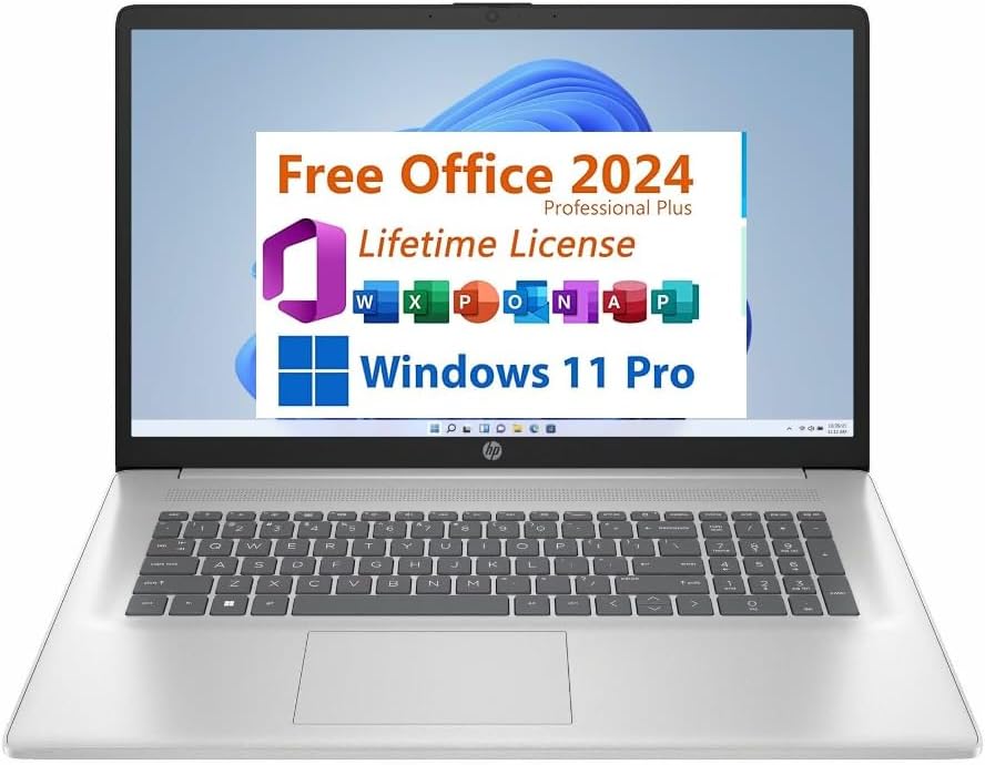 HP 17.3' FHD Display, Free Microsoft Office 2024 Lifetime License, Copilot AI Chat, 8GB LPDDR5 RAM, 512GB SSD, AMD Ryzen 5 Processor, Webcam, Numeric Keypad, Long Battery Life, Windows 11 Pro,Silver