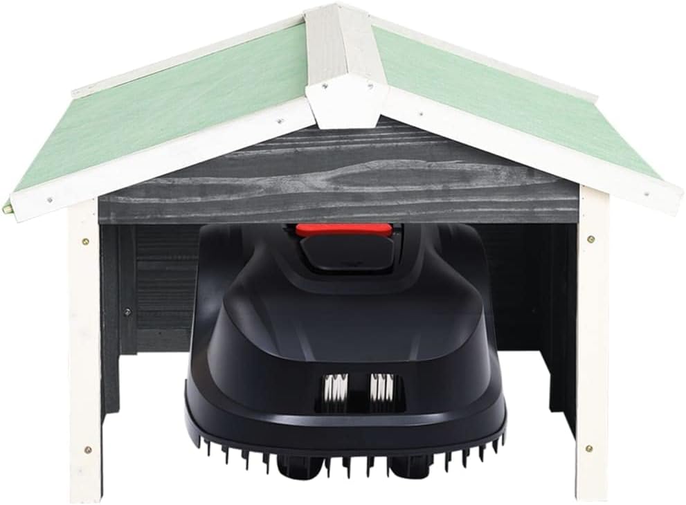 Robotic Lawn Mower Garage - Solid Firwood Weatherproof Outdoor Shed Protective Cover for Garden Tools and Charging Station Gray and White 28.3 x 34.3 x 19.7 Inch