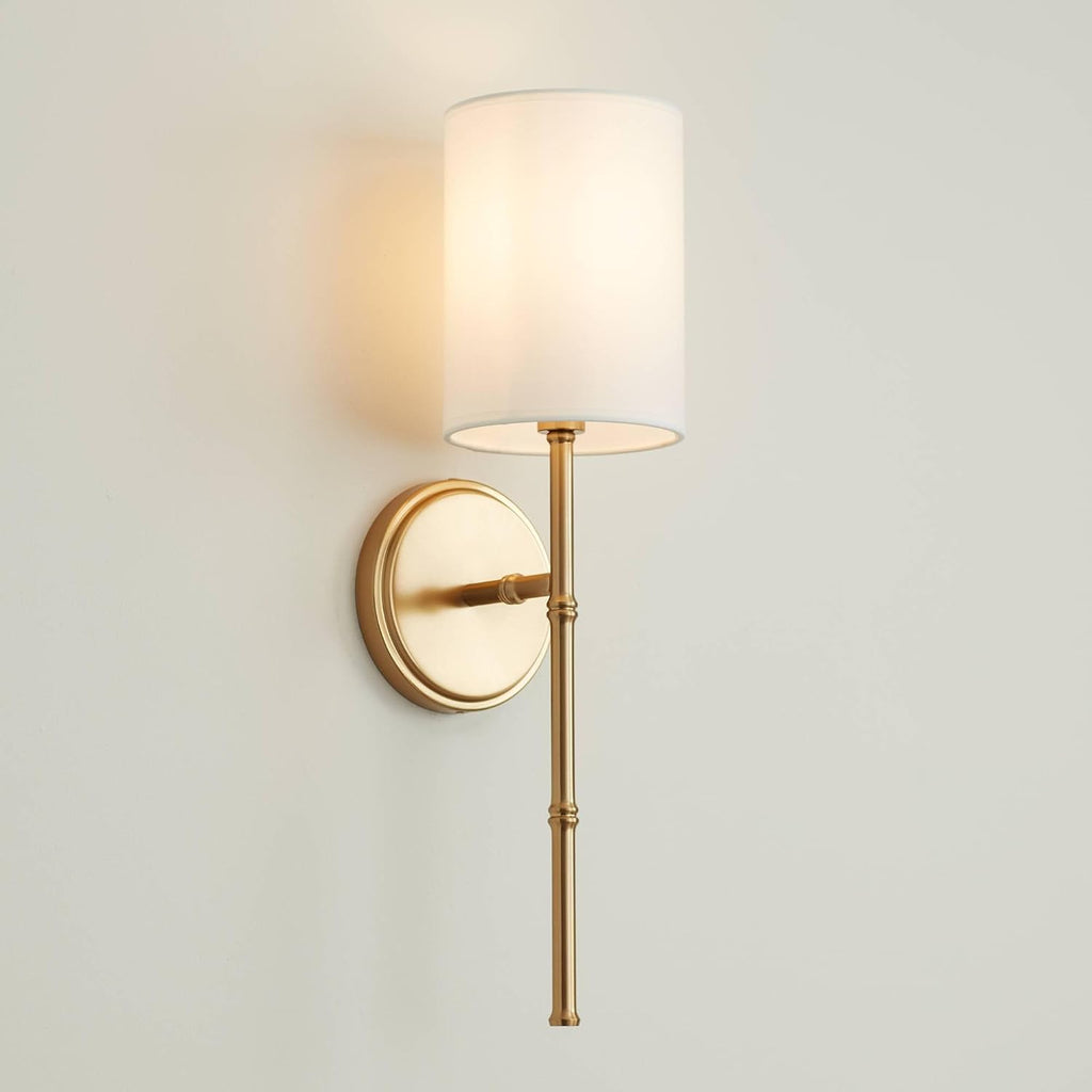 Regency Hill Abigale Modern Wall Light Sconces Set of 2 Brass Gold Metal Hardwired 5' Fixture White Fabric Shade for Bedroom Bathroom Vanity Living Room Home Hallway Dining Kitchen House