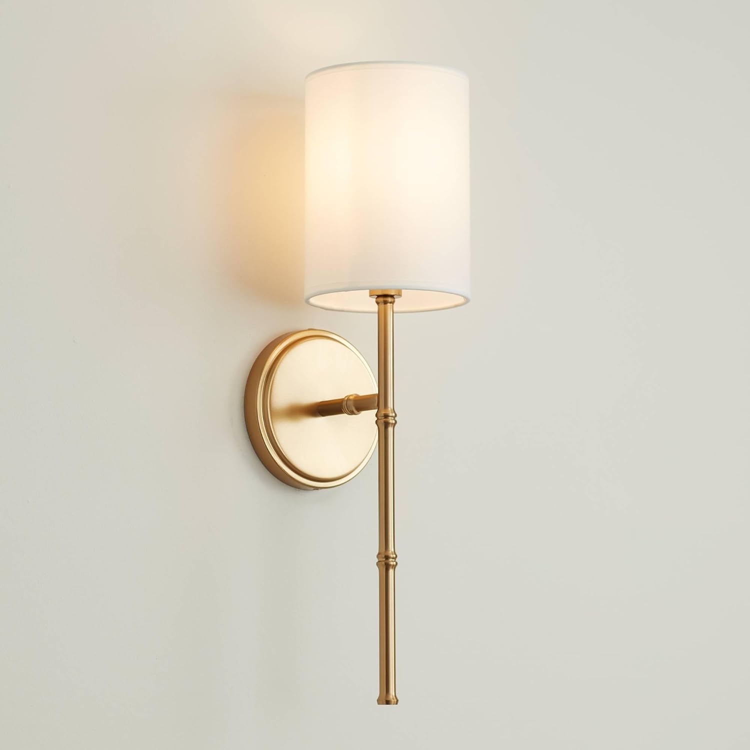 Regency Hill Abigale Modern Wall Light Sconces Set of 2 Brass Gold Metal Hardwired 5' Fixture White Fabric Shade for Bedroom Bathroom Vanity Living Room Home Hallway Dining Kitchen House