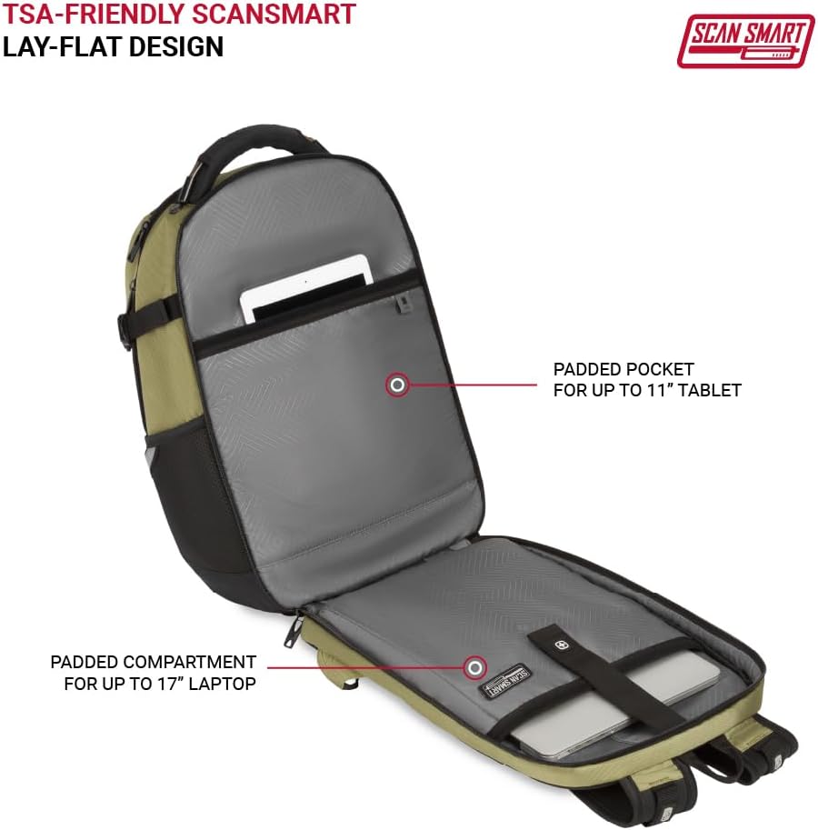 SwissGear Travel Tech Pro Laptop Backpack – Fits Laptops up to 16' – ScanSmart TSA-Friendly Backpack with Multiple Organizer Pockets – Olive