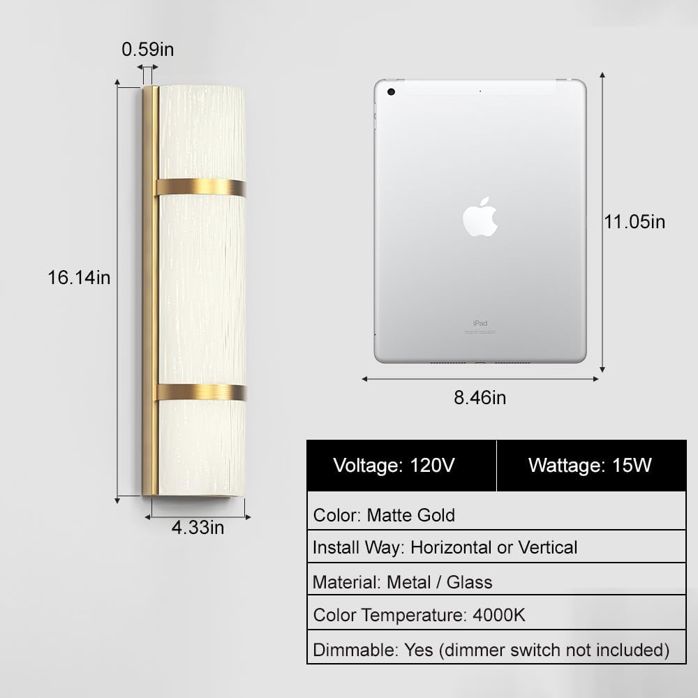 Modern Bathroom Wall sconces Set of 2 – 16 Inch Bathroom Wall Light Fixture, LED Gold Wall Sconce with Artisanal White Frosted Glass, 4000K Warm Lighting for Hallway Bedroom Living Room