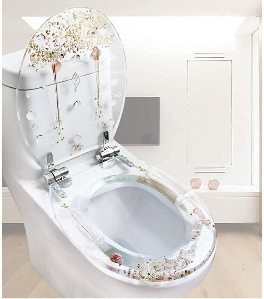 Toilet Seat Soft Closing Toilet Seat with Buffer Wc Toilet Seat Toilet Lid Cover for Family Bathroom (Gold) (Silver)