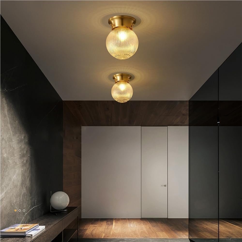 Brass Flush Mount Ceiling Light Modern Gold Tone E27 Fixture with Textured Glass Globe Shade Elegant Small Space Lighting for Hallway Entryway Balcony(B)
