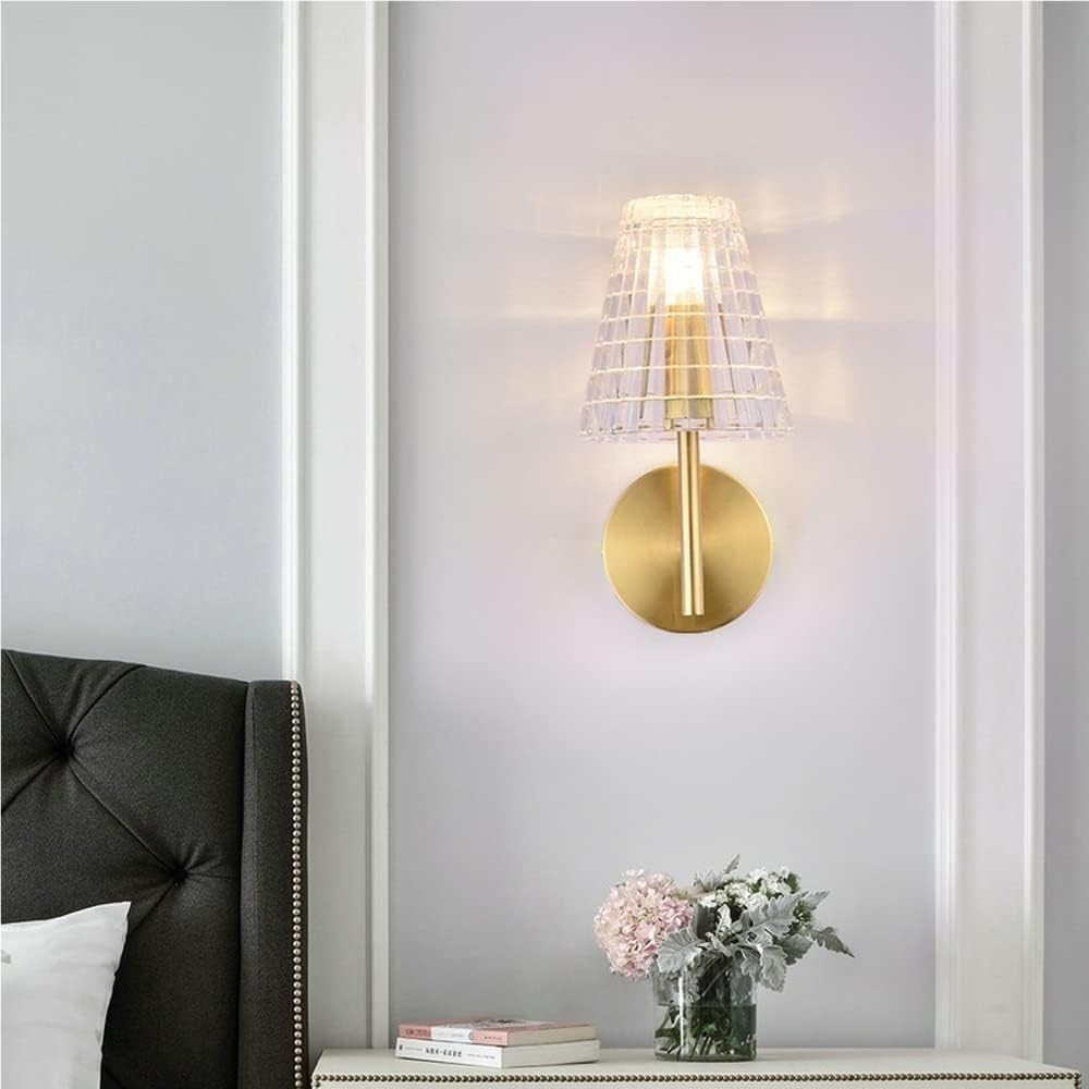 Brass Wall Sconces with Glass Shade, Vintage Industrial Wall Lamp Lighting E14/E12 Base, Gold Tone Bedroom Light Fixture for Living Room Bathroom Hallway