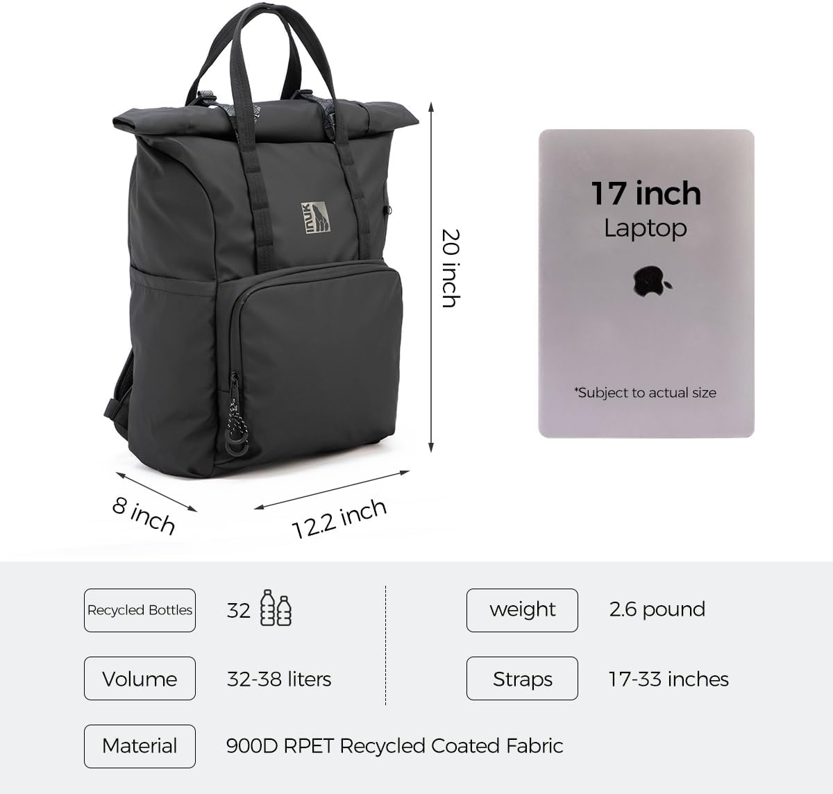 INUK 38L Travel Backpack for Men & Women, Water Resistant Laptop Backpack Hiking Daypack, Eco Friendly Made from 32 Recycled Plastic Bottles with Safety Whistle & Fidlock Magnetic Buckle, Black