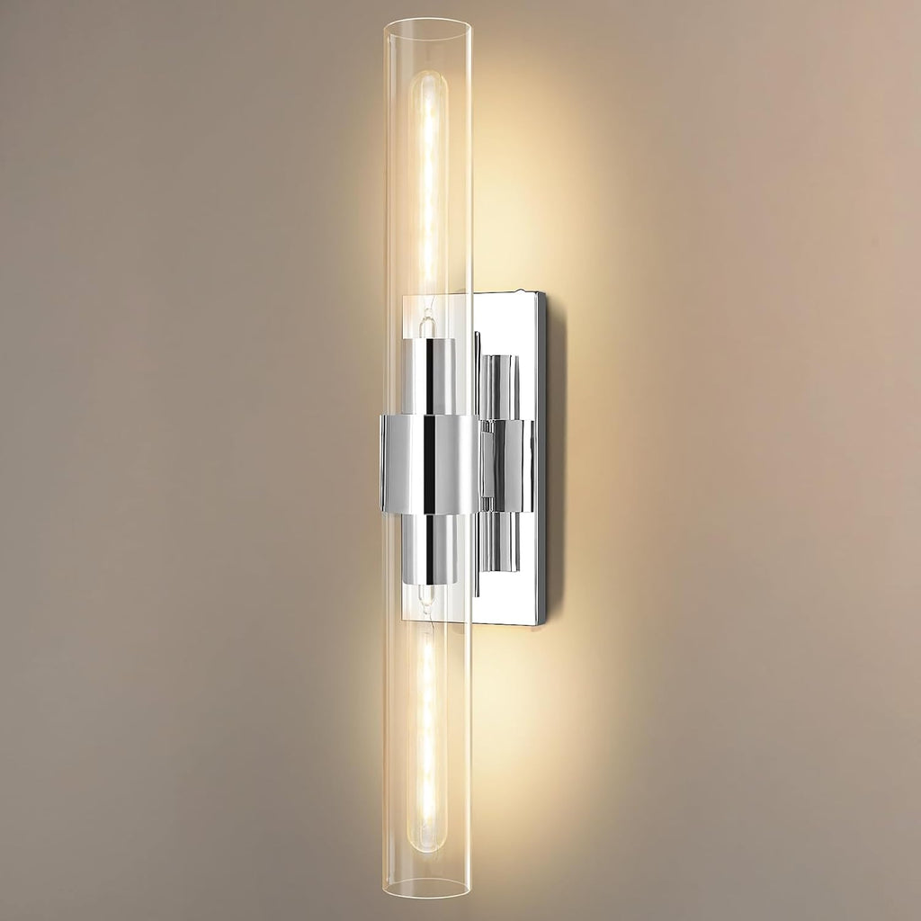 Chrome Wall Sconces, 22.8' Bathroom Sconces, Indoor Sconces Wall Lighting Up and Down, Nickel Wall Sconce Dimmable, Vanity Lights Fixtures with Tube, Glass Sconce for Bedroom, Staircase