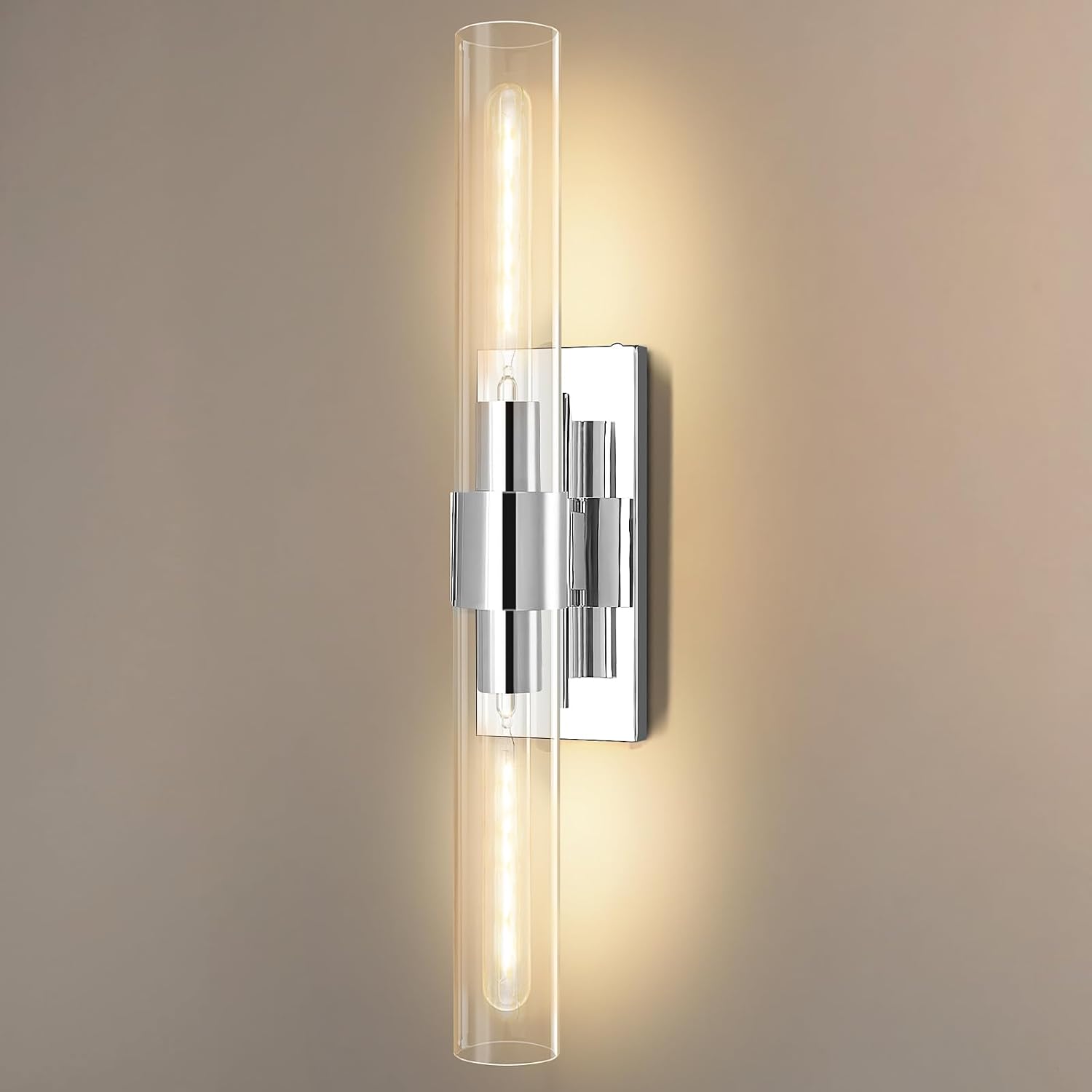 Chrome Wall Sconces, 22.8' Bathroom Sconces, Indoor Sconces Wall Lighting Up and Down, Nickel Wall Sconce Dimmable, Vanity Lights Fixtures with Tube, Glass Sconce for Bedroom, Staircase