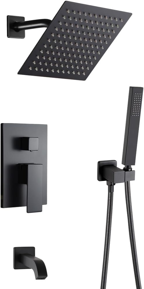 Matte Black Shower Faucet Set with Tub Spout Bathroom Rainfall 8 Inch Shower Head System with Handheld Single Handle Shower Trim Kit with Valve