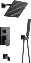 Matte Black Shower Faucet Set with Tub Spout Bathroom Rainfall 8 Inch Shower Head System with Handheld Single Handle Shower Trim Kit with Valve