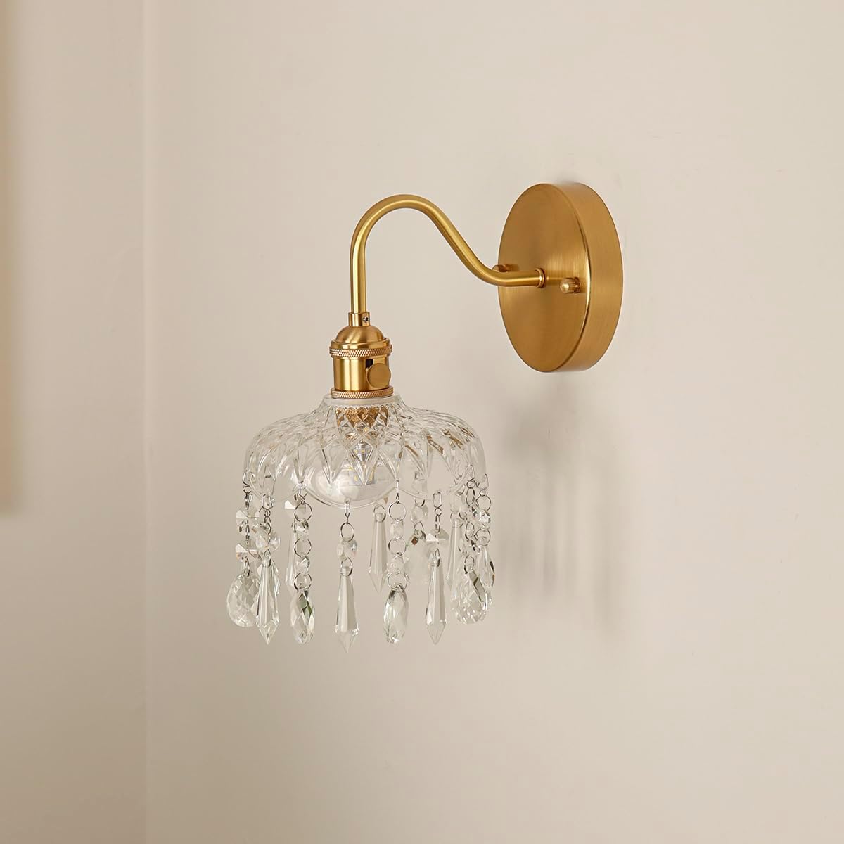 Crystal Wall Sconce Set, Gold Brass Fixture with Glass Shade and Hanging Crystals, Modern Elegant Wall Light, 2 Pack
