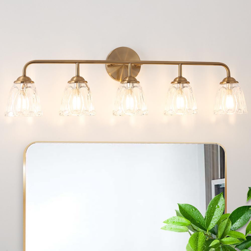 Daunton 5-Light Vintage Vanity Light, Brushed Brass Vanity Lighting, Elegant Bathroom Lighting Fixtures Over Mirror, Bathroom Vanity Light with Clear Glass Shade, Gold Wall Sconce for Bedroom