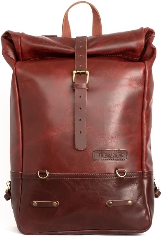 Trip Machine Company Full Grain Leather Roll Top Motorcycle Backpack Pannier – Quick Mount 15L Waterproof Laptop Bag (Cherry Red)