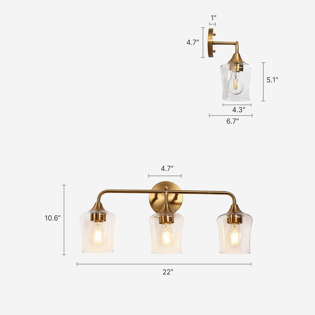 KSANA Gold Bathroom Light Fixture, 3-Light Vanity Light Over Mirror, Modern Glass Wall Sconce with Electroplated Antique Brass Finish
