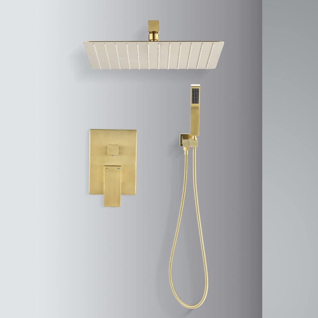 Kaimei 10 Inch Gold Wall Mount Rainfall Shower Head Combo Set - Luxury Bathroom Fixture with Self-Cleaning Nozzles, Easy Install