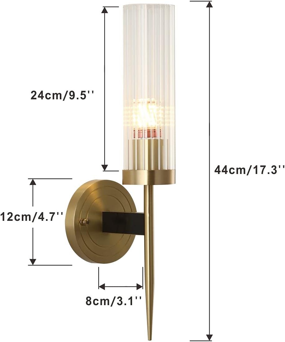 BOKT Modern Cylinder Sconces Wall Lighting Set of Two Mid Century Antique Brass Gold 1-Light Wall Sconce Set of 2 Clear Crystal Glass Wall Sconce Lamp for Bathroom