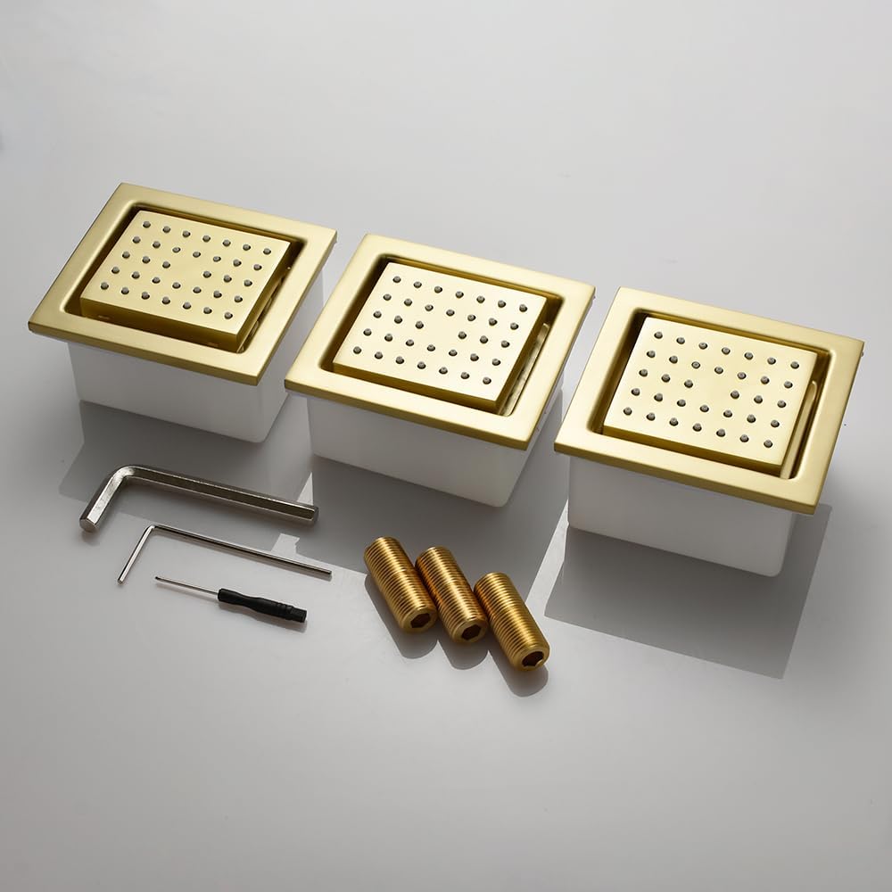 5 Function Thermostatic Shower System 16X24 inch Shower Head Set with Handheld Spray, 4 Body Jet, Brushed Gold