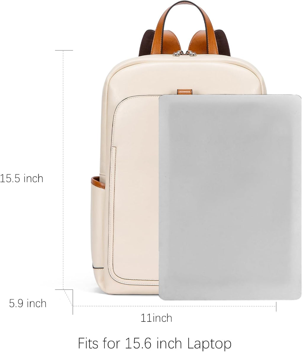 BOSTANTEN Leather Laptop Backpack for Women,15.6 inch Computer Backpack Purse College Daypack Work Travel Bag Beige-White
