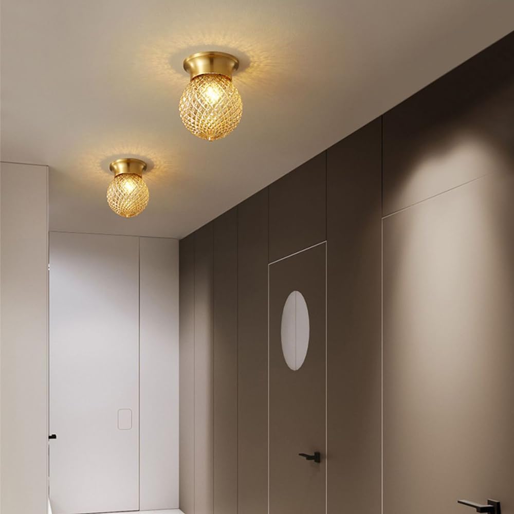 Ceiling Lights Modern Brass Flush Mount Ceiling Light Fixture with Textured Glass Globe Shade Base Gold Tone Hallway Entryway Balcony Lamp for Small Spaces Decor(A)