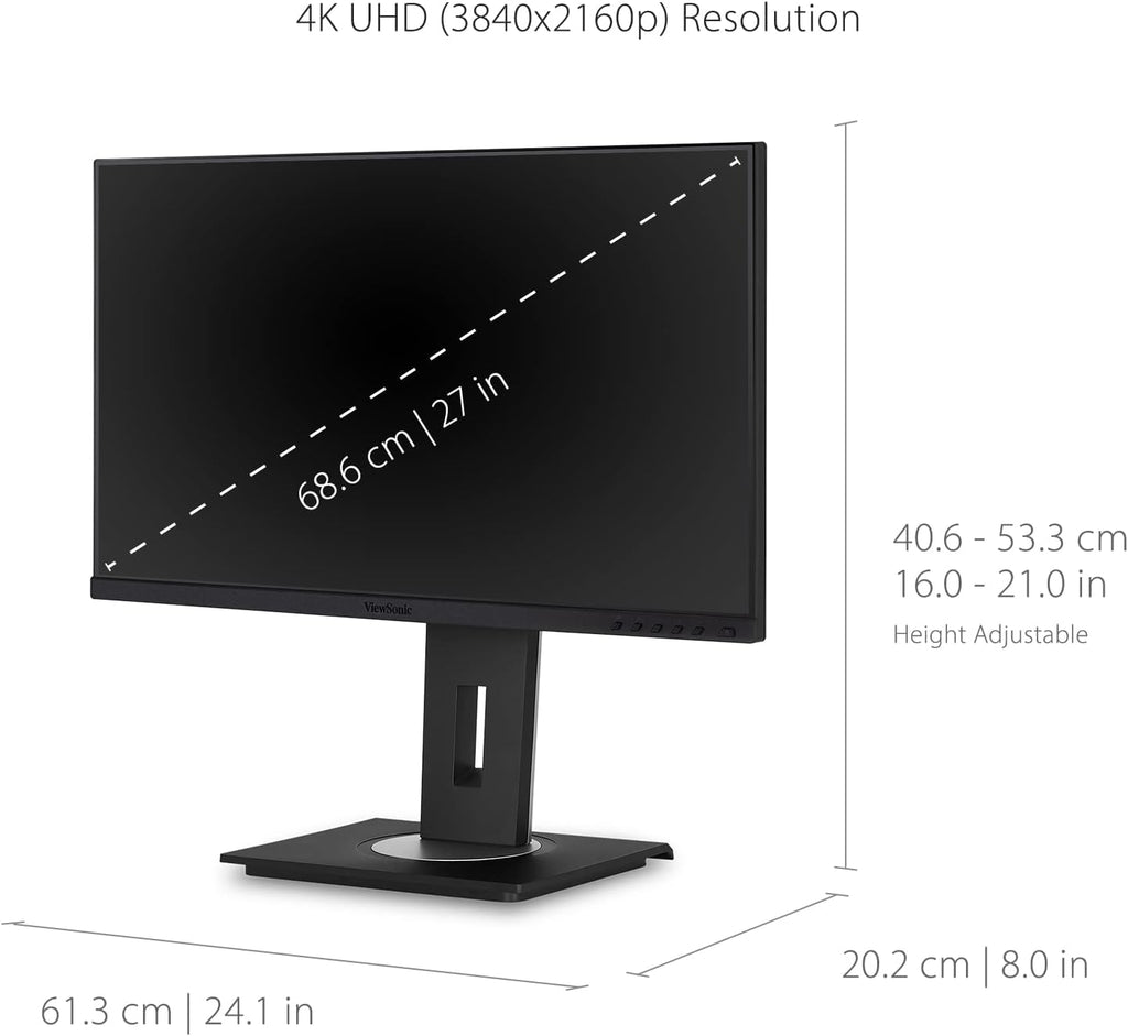 ViewSonic VG2756-4K 27 Inch 4K Monitor, IPS Display with 90W USB-C for Smooth Home and Office Productivity, Full Ergonomic Adjustability, RJ45, HDMI, USB Hub, and DisplayPort Inputs