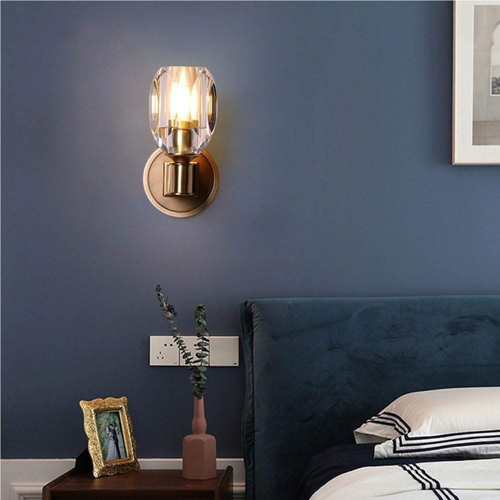 Modern Brass Wall Sconce with Faceted Crystal Shade Upward Facing Light Fixture E14/E12 Base Brushed Gold Tone Bedside Lamp Decor for Bedroom Living Room Hallway