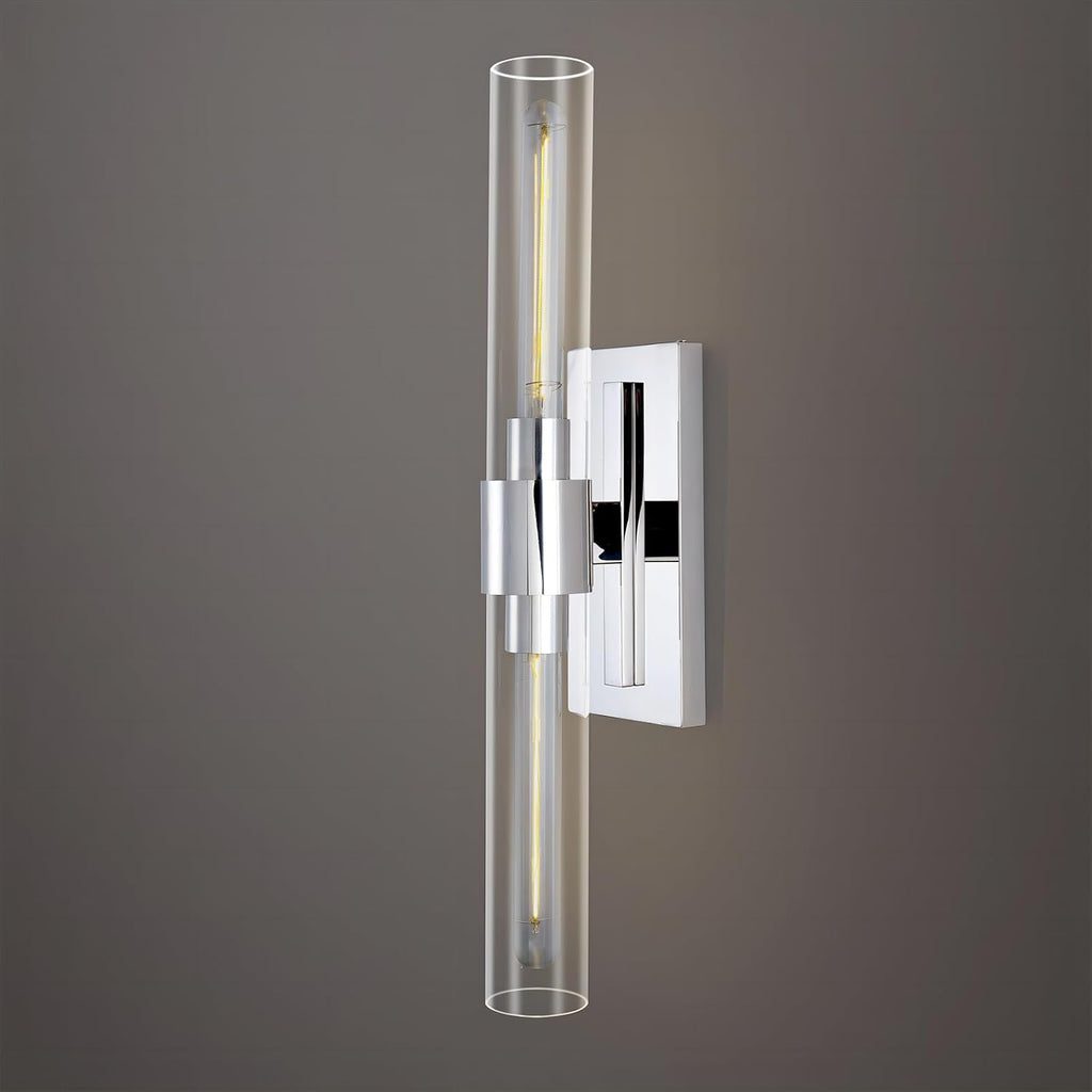 Nickel Bathroom Vanity Light, 2-Light Bathroom Wall Sconce Over Mirror, Chrome Vanity Lights for Bathroom, Dimmable Vanity Sconce with Glass Tube, Indoor Linear Wall Sconce Vertical & Horizontal, 1 PC