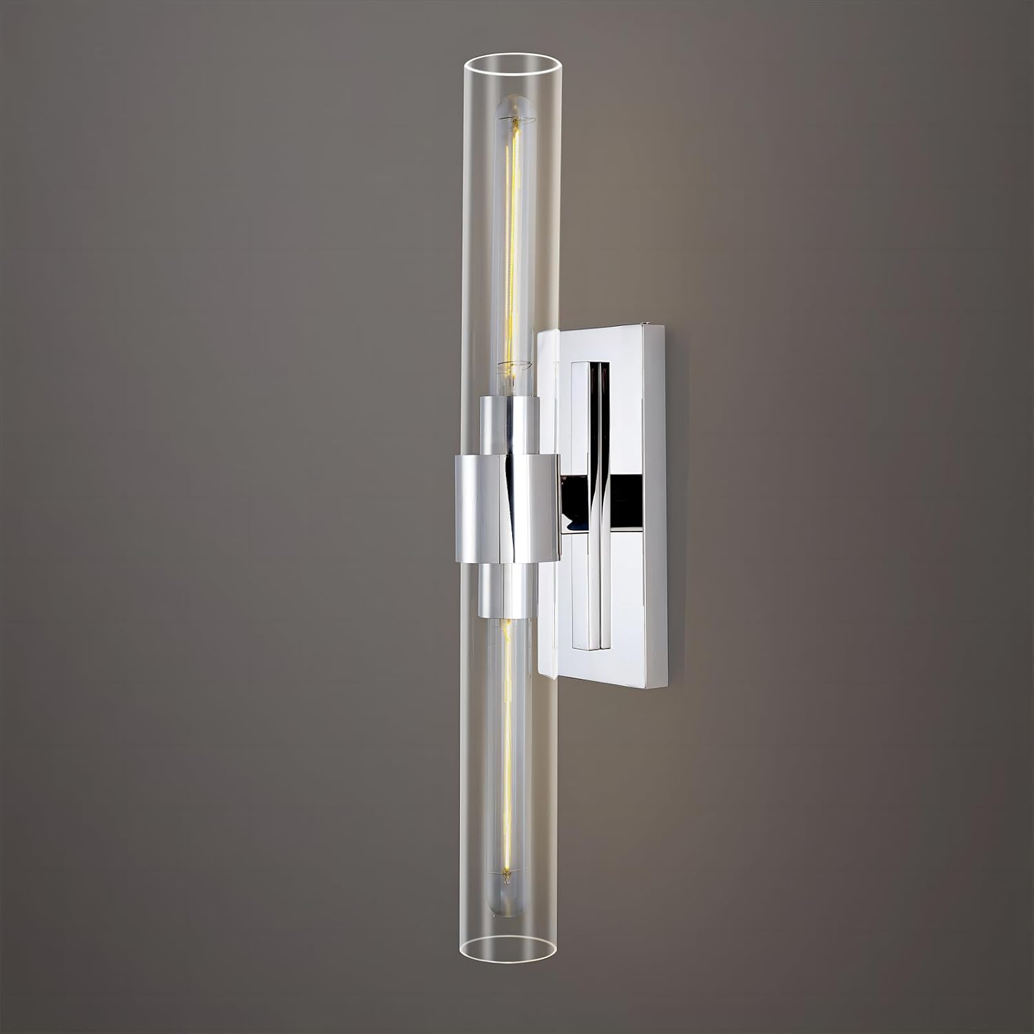Nickel Bathroom Vanity Light, 2-Light Bathroom Wall Sconce Over Mirror, Chrome Vanity Lights for Bathroom, Dimmable Vanity Sconce with Glass Tube, Indoor Linear Wall Sconce Vertical & Horizontal, 1 PC