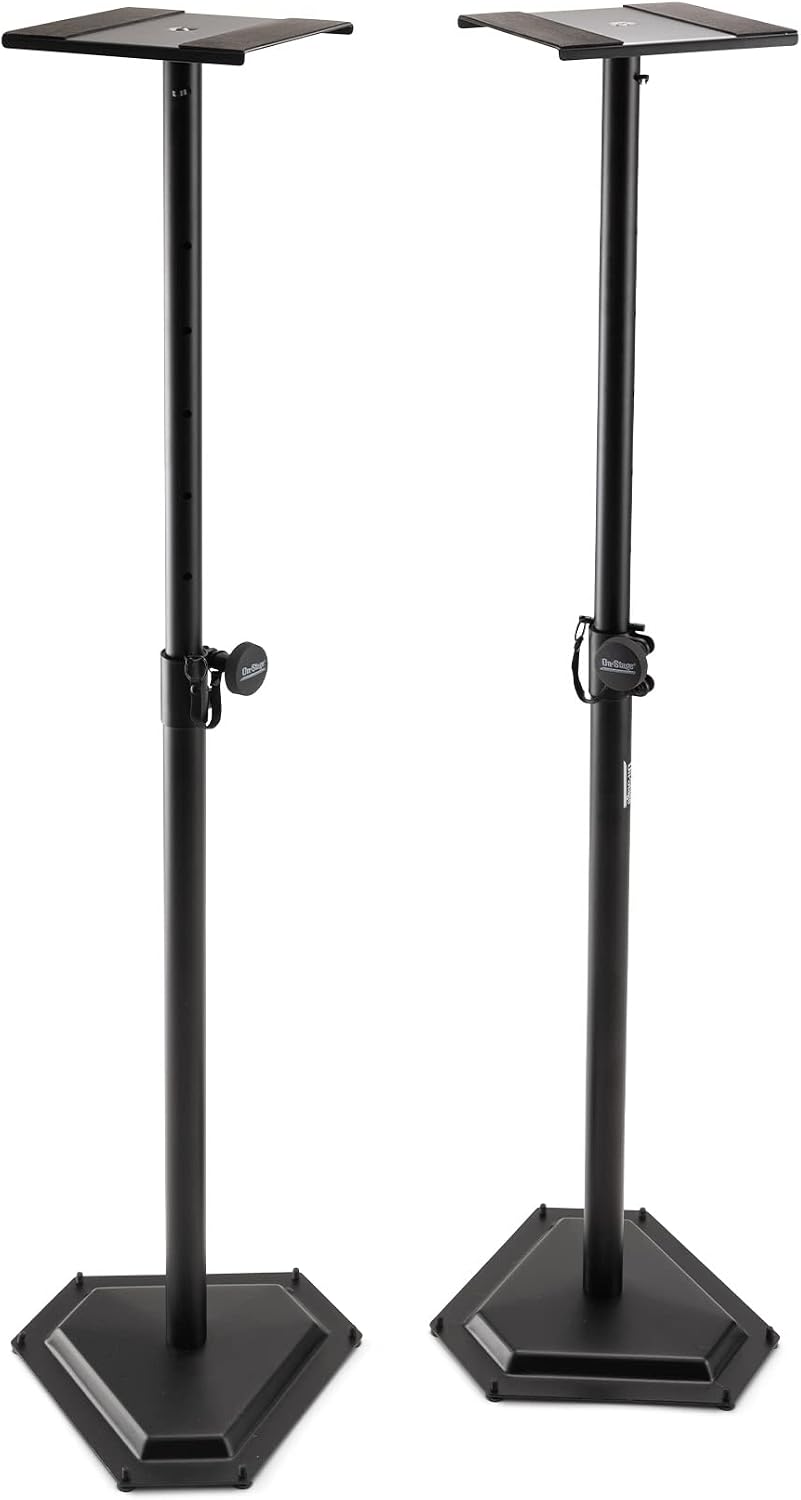 On-Stage SMS6600-P Hex-Base Monitor Stands Pair(Height-Adjustable Pedestal Studio Speaker Stands, Locking Pin, Hexagonal Base, Steel Construction, Nonslip Rubber Feet, Optional Floor Spikes, Black)