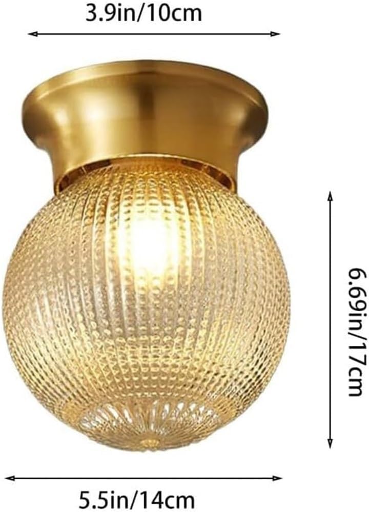 Flush Mount Ceiling Light Modern Brass Gold Tone Fixture with Textured Glass Globe Shade E27 Base Elegant Small Space Lighting for Hallway Entryway Balcony Bedroom(B)