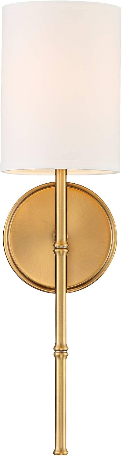Regency Hill Abigale Modern Wall Light Sconces Set of 2 Brass Gold Metal Hardwired 5' Fixture White Fabric Shade for Bedroom Bathroom Vanity Living Room Home Hallway Dining Kitchen House
