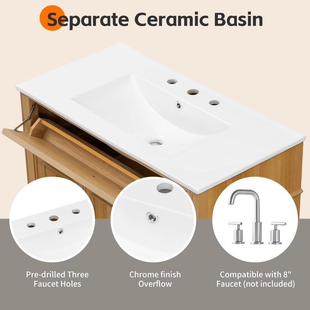 36 Inch Bathroom Vanity with Sink, Single Sink Bathroom Vanities, Gold Handles Bathroom Sink Cabinet (Wood)