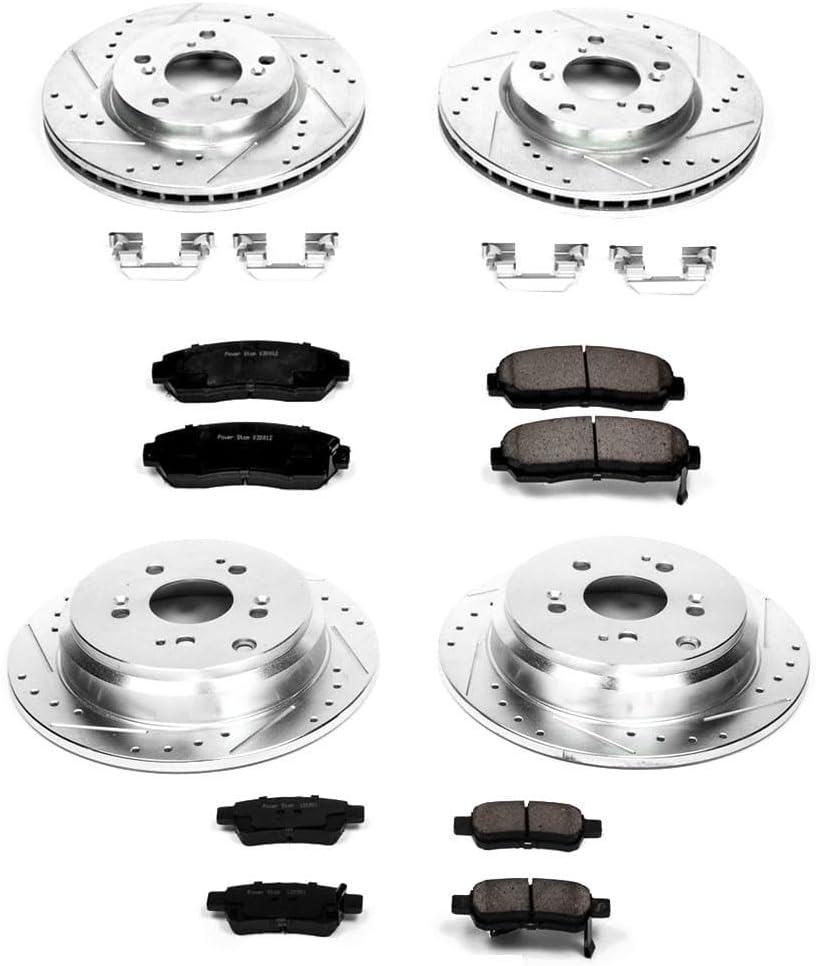 PowerStop Front and Rear Brake Kit for Honda Odyssey 2005-10 - Drilled and Slotted Disc Rotors with Carbon-Fiber Ceramic Brake Pads Replacement, K4044