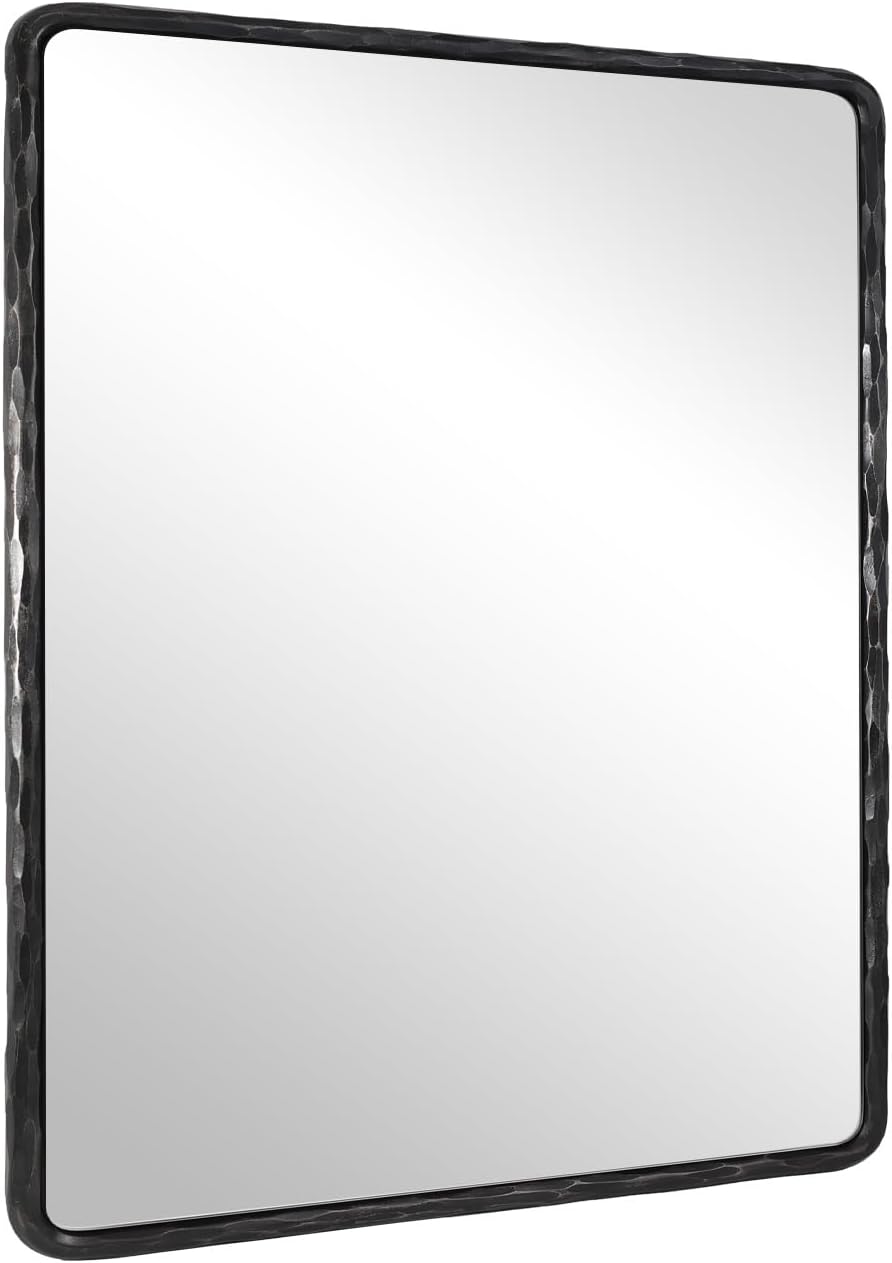 ANDY STAR Hand-Forged Black Bathroom Mirrors for Wall, 24x32 Inch Vintage Solid Steel Metal Frame Bathroom Vanity Mirror, Antique Rounded Rectangle Wall Mirror, Hangs Horizontally or Vertically