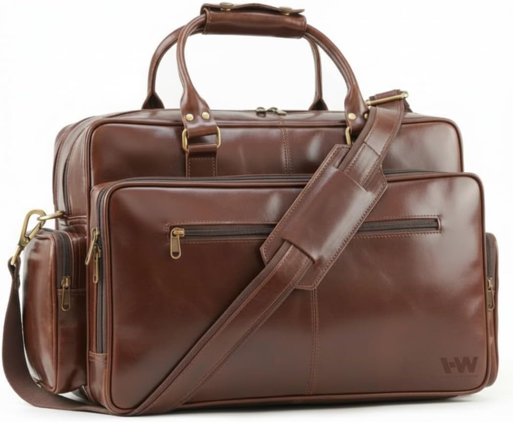 Handmade World Full Grain Leather Briefcase for Men – Large Brown Laptop Bag Fits Up to 19 Inch, Executive Office Work Bag