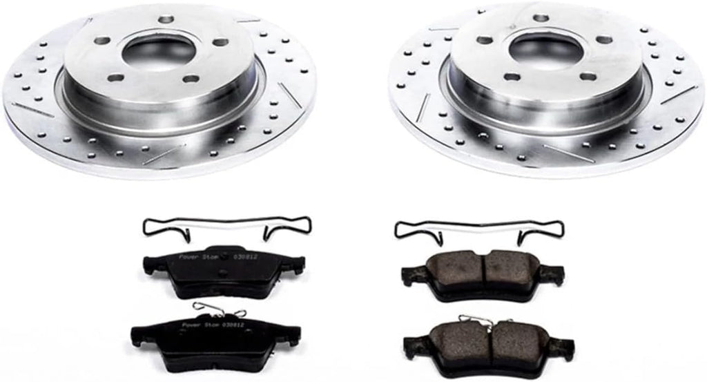 PowerStop Rear Brake Kit for Ford Focus 2012-18 - Drilled and Slotted Disc Rotors with Carbon-Fiber Ceramic Brake Pads Replacement, K5975