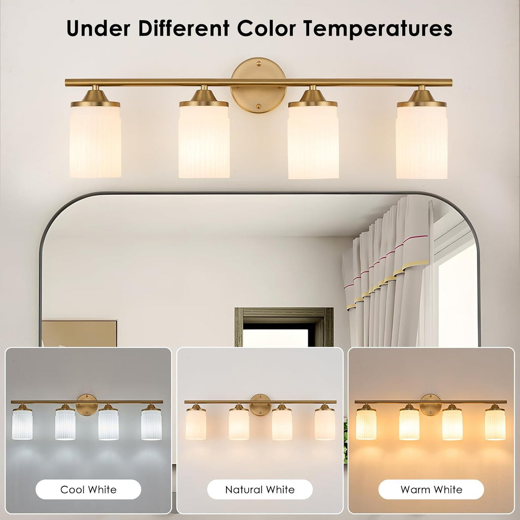 Jonsi Gold Bathroom Light Fixtures 4-Light Vanity Lights Modern Wall Sconce with Milk White Shade Brushed Brass Bathroom Light Fixture Over Mirror for Bedroom Hallway Kitchen