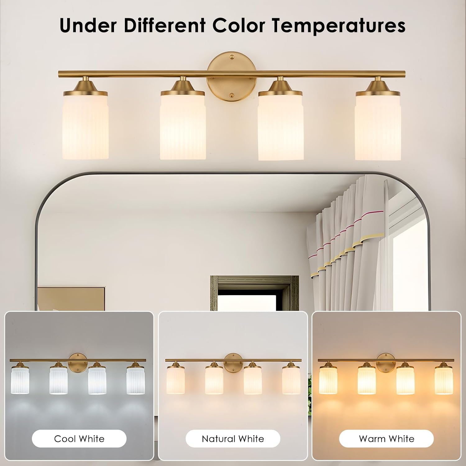 Jonsi Gold Bathroom Light Fixtures 4-Light Vanity Lights Modern Wall Sconce with Milk White Shade Brushed Brass Bathroom Light Fixture Over Mirror for Bedroom Hallway Kitchen
