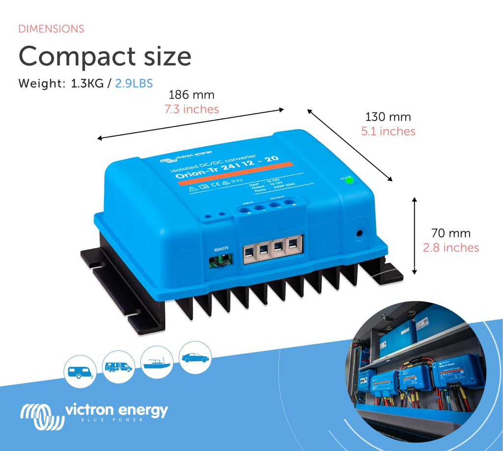 Victron Energy Orion-Tr DC to DC Converter - 24/12-Volt 20 amp 240-Watt - IP43 Protected - for Dual Battery Systems - Isolated