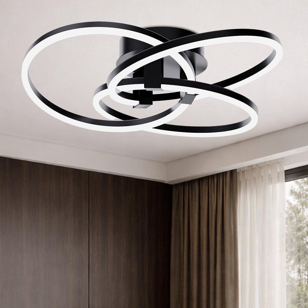 Maxax 3 Ring LED Ceiling Light Fixture, 23'W * 7.5'H, Circle Modern Semi Flush Mount Chandelier, AL Alloy Frame, 45W Dimmable, ETL, for Bedrooms, Living room, Kitchen, Entryway, Hallway, Matte Black