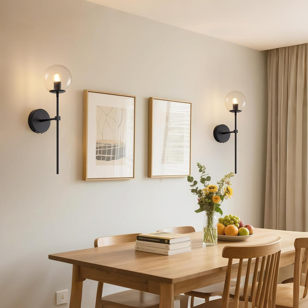 Black Battery Operated wall Sconce Set of 2 Glass Globe 3000~6000K Rechargeable Wall Light Fixture Wireless Wall Lights with Clear Glass Shade for Living Room, Hallway, Bedroom(2 Pack)