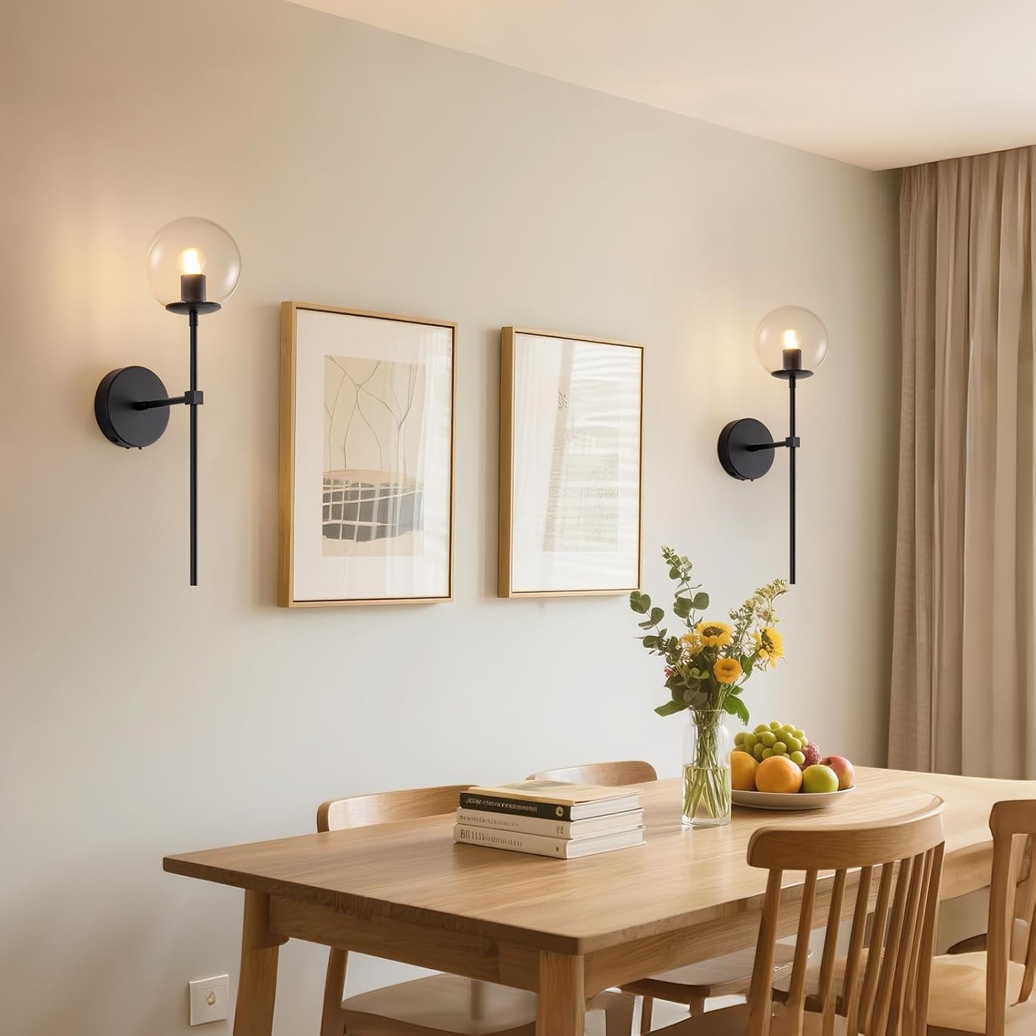 Black Battery Operated wall Sconce Set of 2 Glass Globe 3000~6000K Rechargeable Wall Light Fixture Wireless Wall Lights with Clear Glass Shade for Living Room, Hallway, Bedroom(2 Pack)