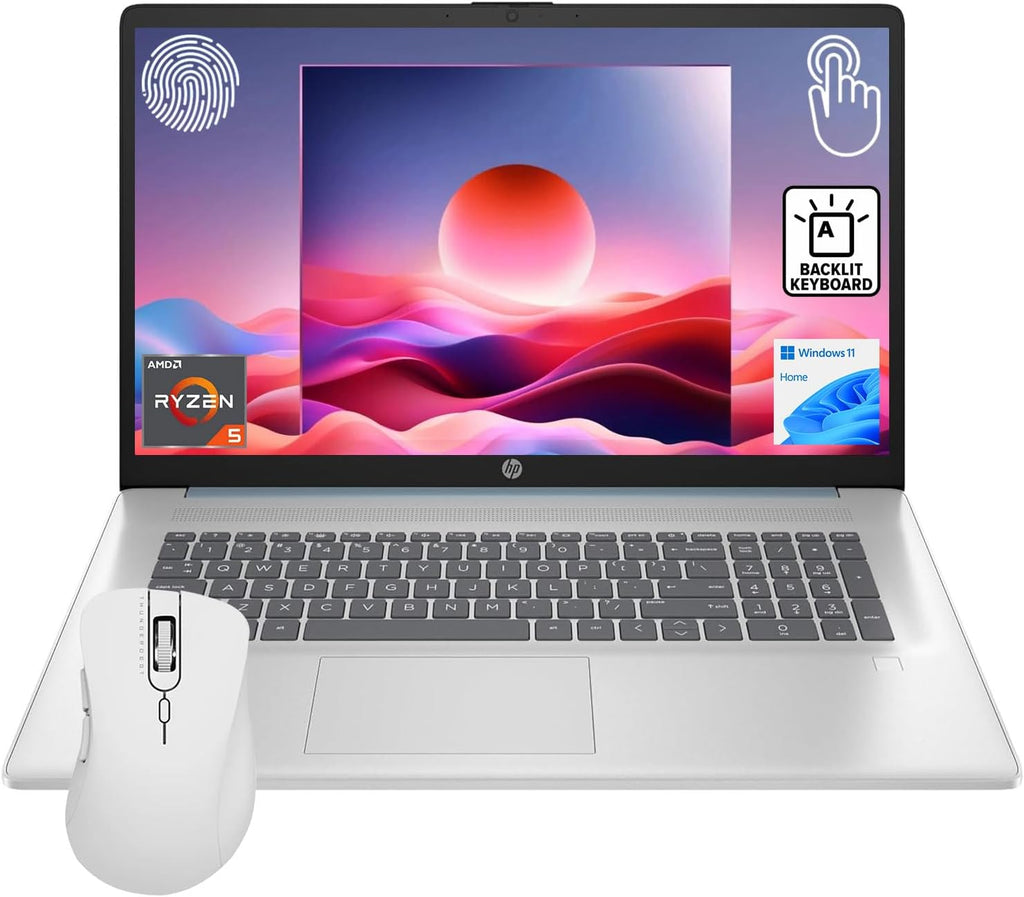 HP Essential 17.3' HD+ Touchscreen Laptop, AMD Ryzen 5 7430U, 32GB RAM, 1TB SSD, Backlit KB, Fingerprint Reader, Webcam, HDMI, Wi-Fi 6, Windows 11 Home, Bundle with Thunderobot ML101 Wireless Mouse