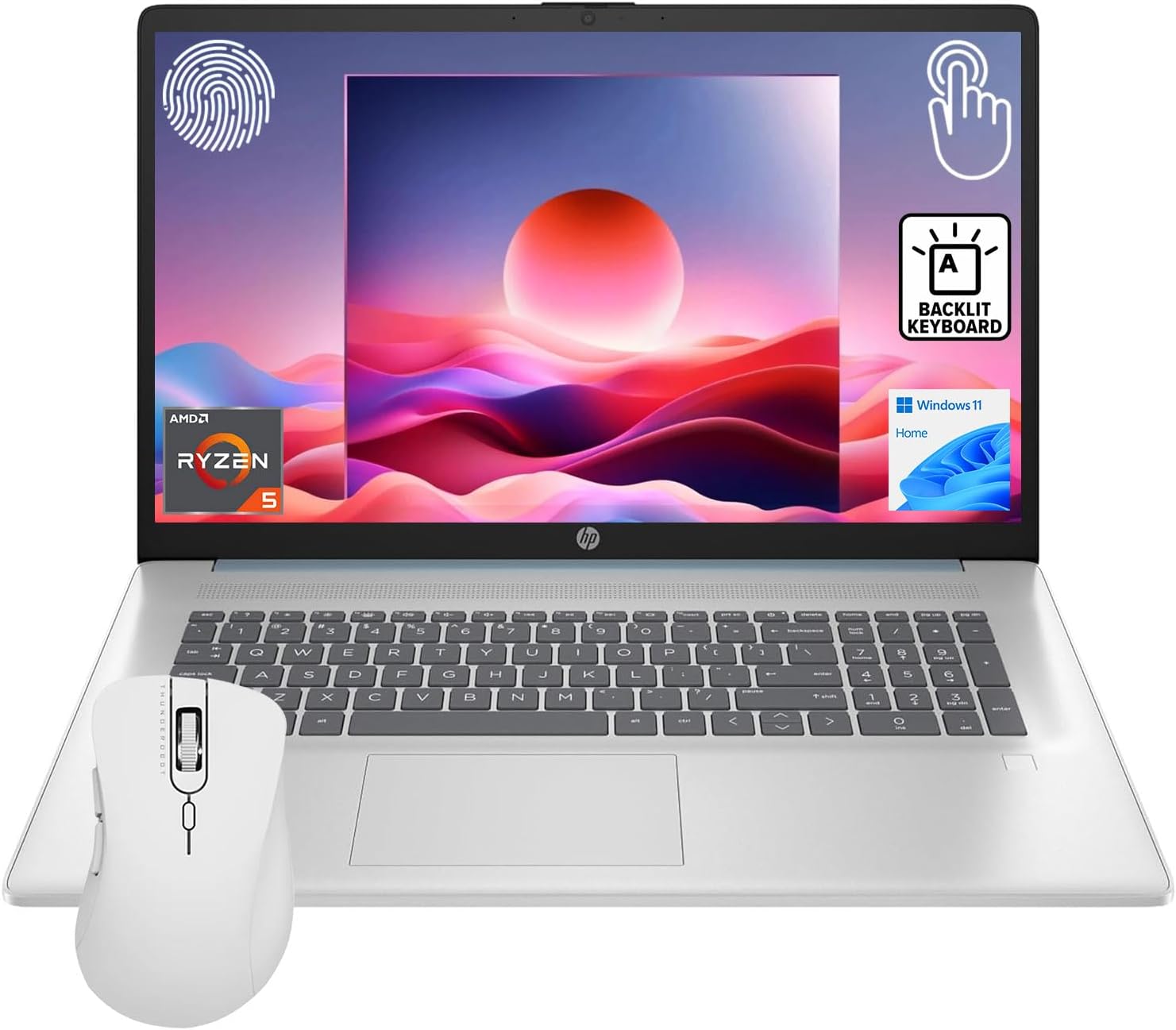 HP Essential 17.3' HD+ Touchscreen Laptop, AMD Ryzen 5 7430U, 32GB RAM, 1TB SSD, Backlit KB, Fingerprint Reader, Webcam, HDMI, Wi-Fi 6, Windows 11 Home, Bundle with Thunderobot ML101 Wireless Mouse